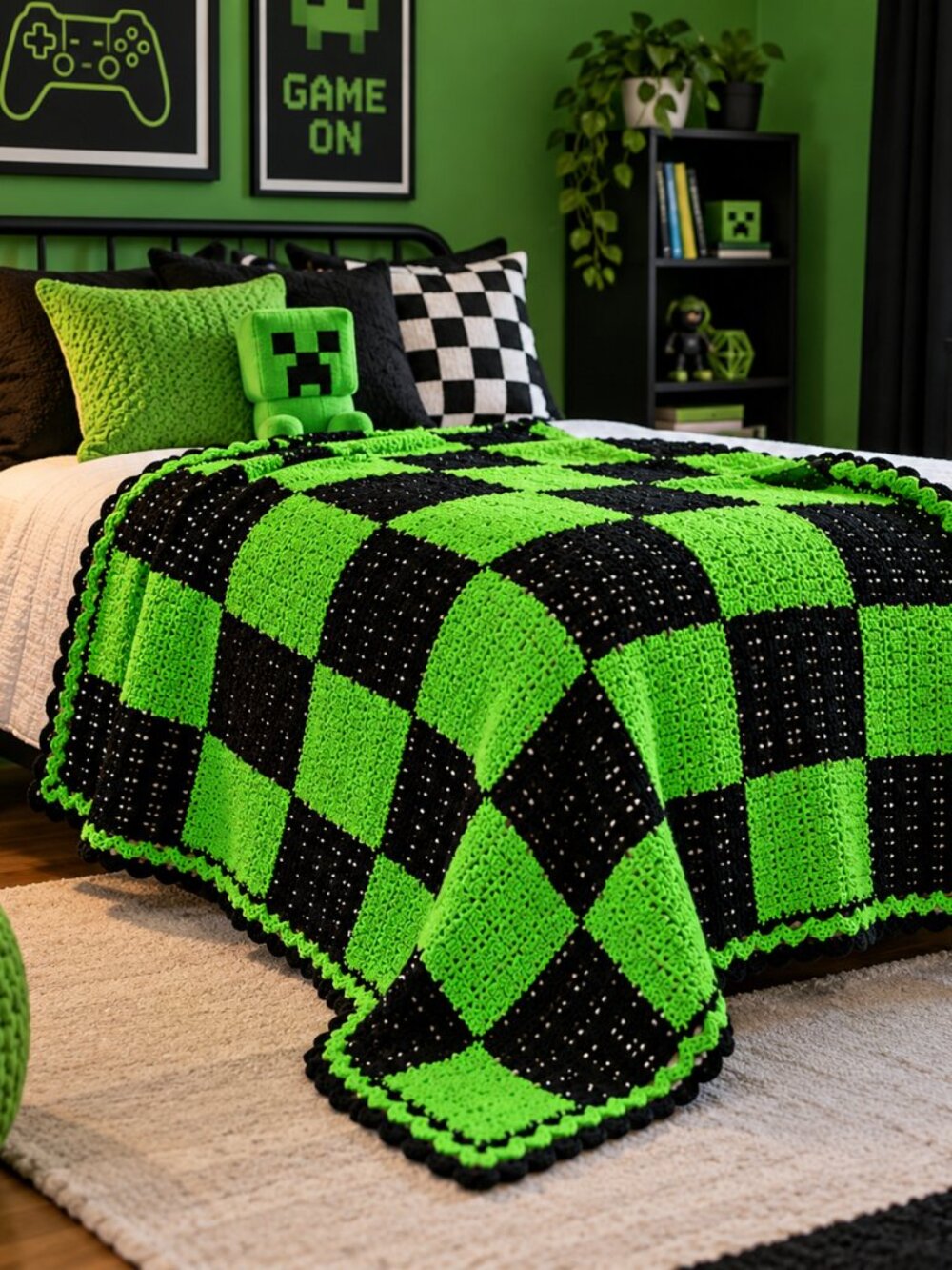 Handmade Crochet Afghan Throw Blanket Black Green Checkerboard 57x64 Vintage